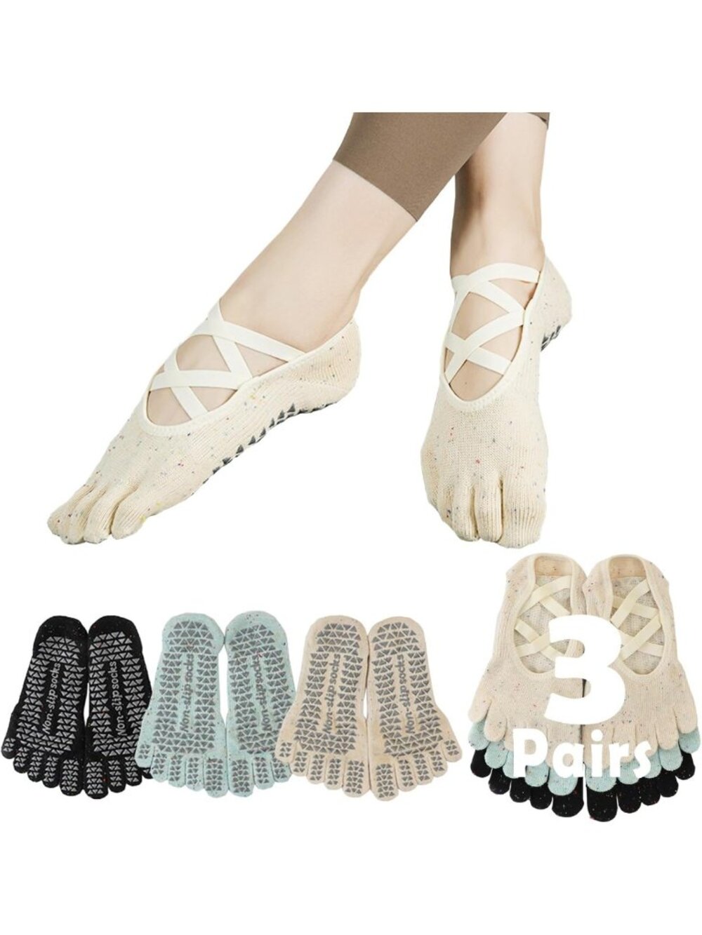 5-Toe Grip Socks for Women - 3 Pairs, Cozy & Non-Slip, Sizes US 5-7 / EU 35-38